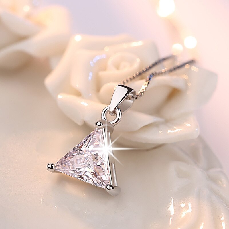 925 Stamp Silver Color Triangle Geometry Pendants And Necklaces For Women Zircon Chain Wedding Party Jewelry 2022 GaaBou
