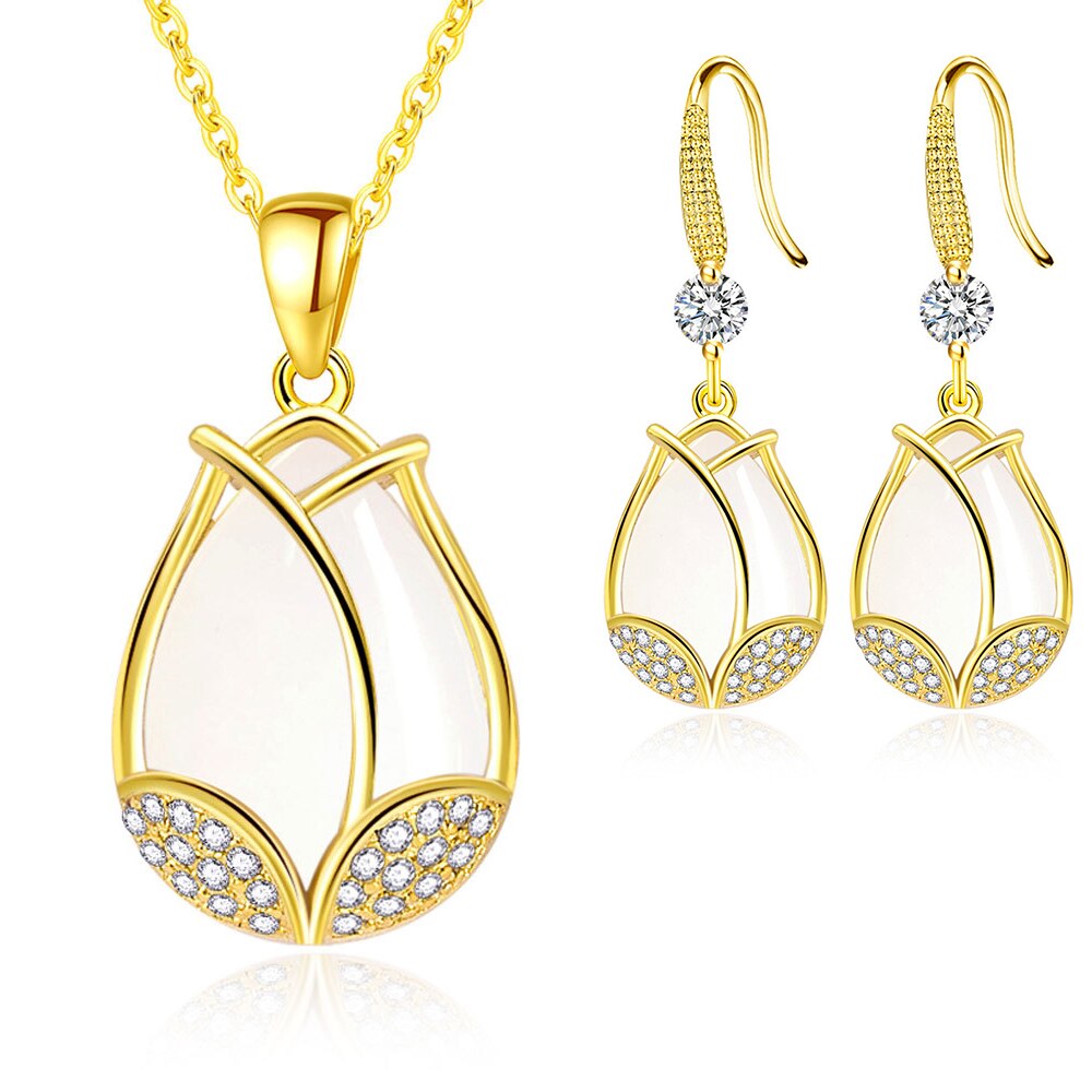 925 Stamp Silver Color Tulips Flower Necklace Drop Earrings Jewelry Sets For Women Wedding Bridal  Juwellery Set Female