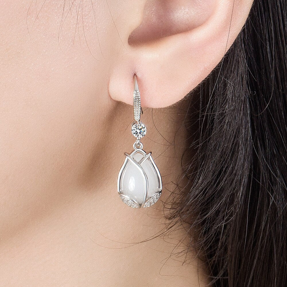 925 Stamp Silver Color Tulips Flower Necklace Drop Earrings Jewelry Sets For Women Wedding Bridal  Juwellery Set Female