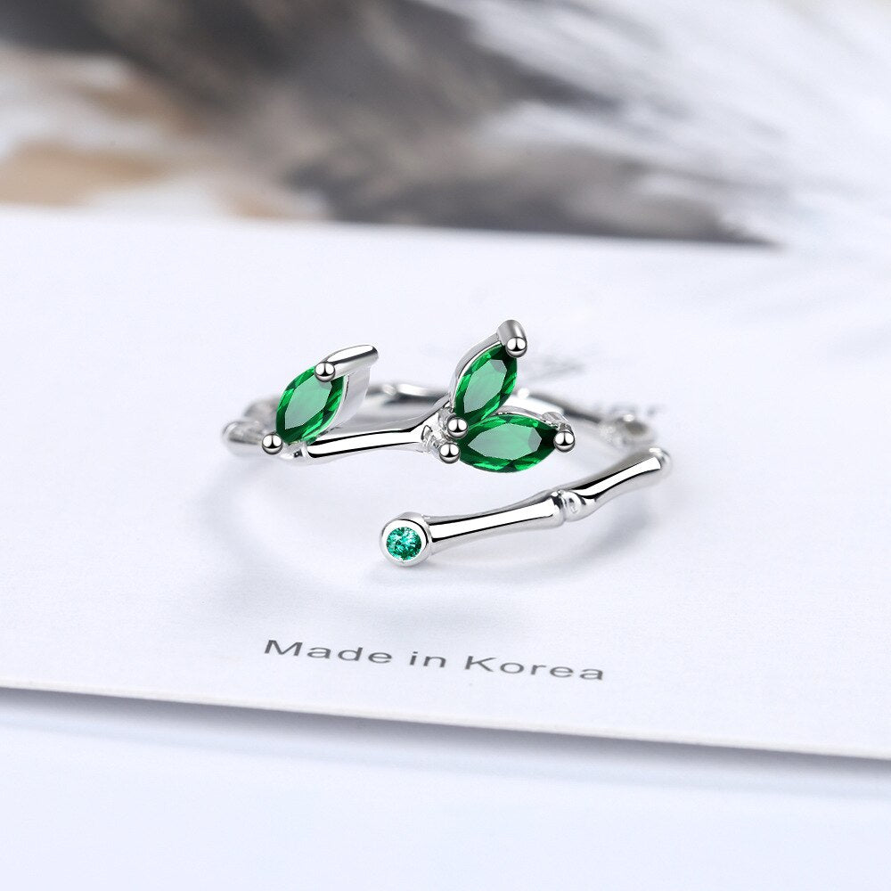 925 Stamp Silver Color Twig Green Leaf Adjustable Open Finger Rings For Women Girls Wedding Dorpshipping Anelli Party Jewelry