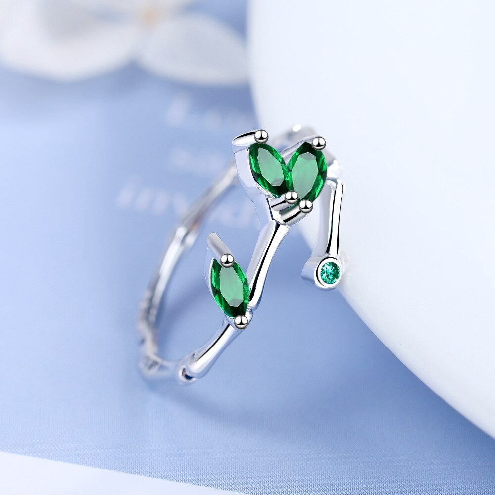 925 Stamp Silver Color Twig Green Leaf Adjustable Open Finger Rings For Women Girls Wedding Dorpshipping Anelli Party Jewelry