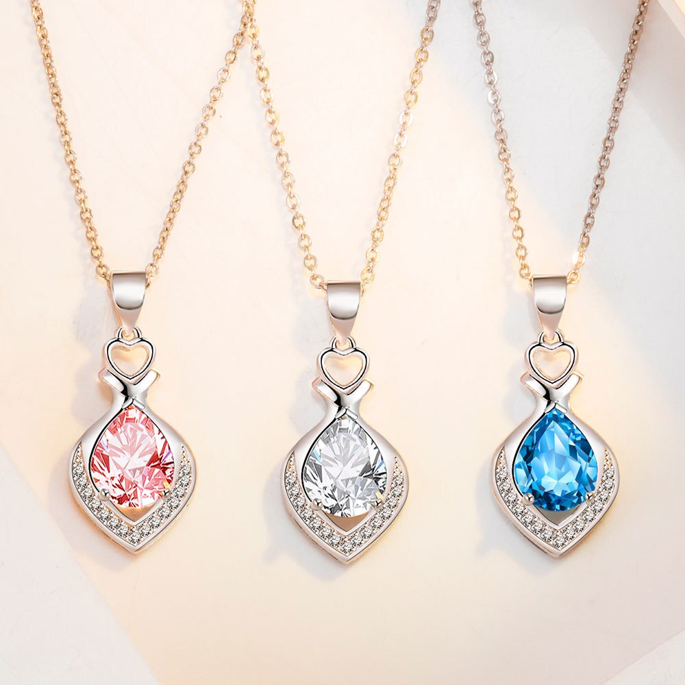 925 Stamp Silver Color Water Drop Pendants Zircon Necklaces For Women 45cm Korean Chain Wedding Fine Jewelry Gift GaaBou