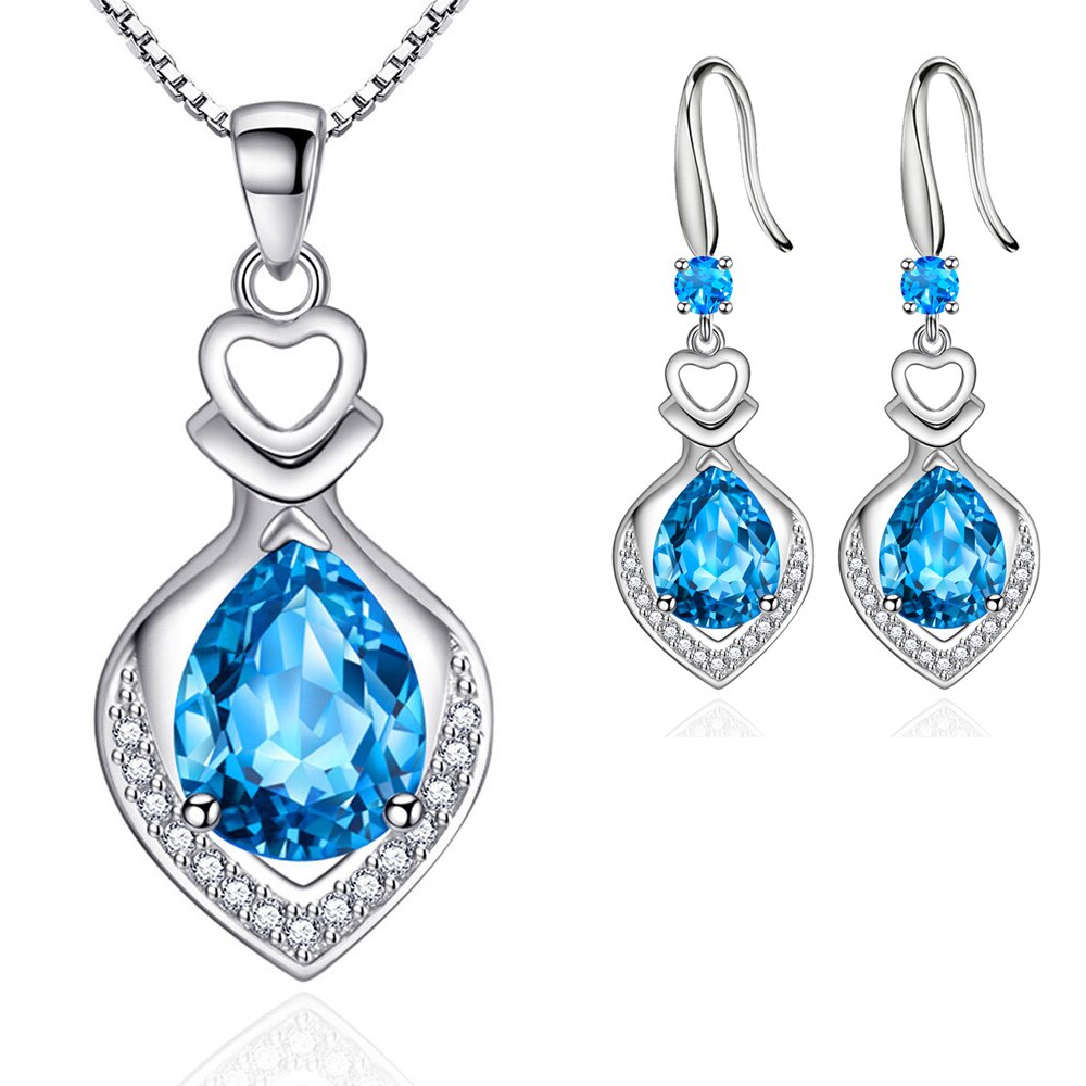 925 Stamp Silver Color Water Drop Zircon Pendant Necklace Earrings Jewelry Sets For Women Wedding Bridal  Juwellery Set