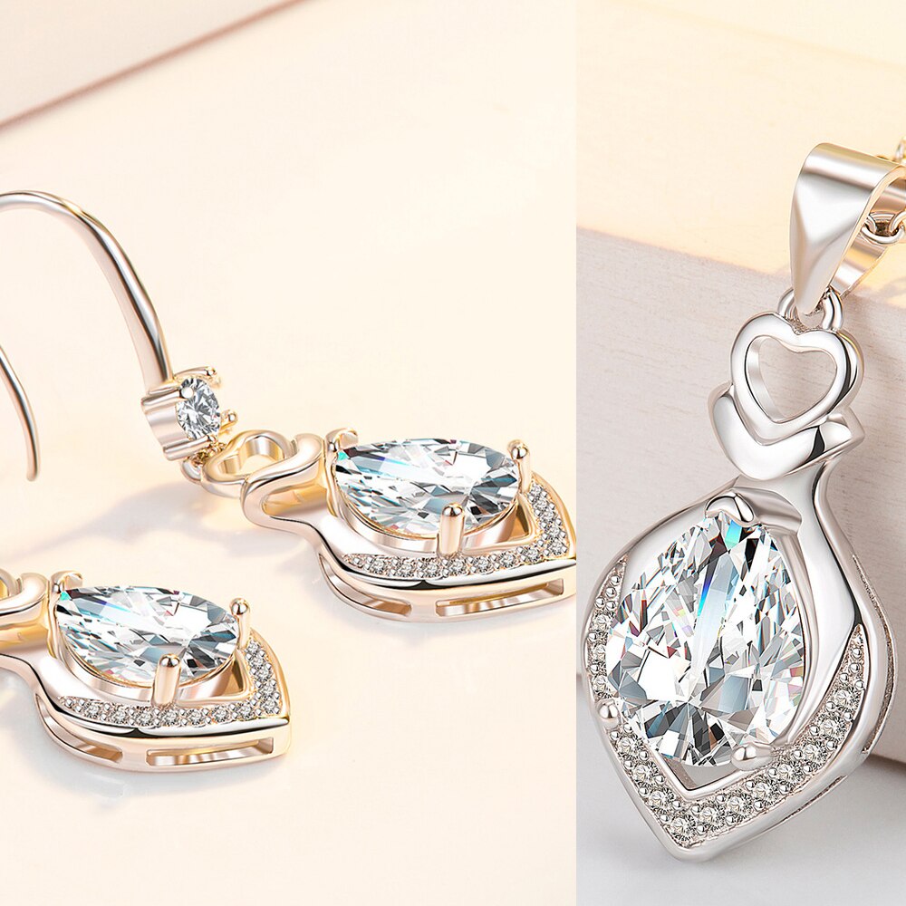 925 Stamp Silver Color Water Drop Zircon Pendant Necklace Earrings Jewelry Sets For Women Wedding Bridal  Juwellery Set