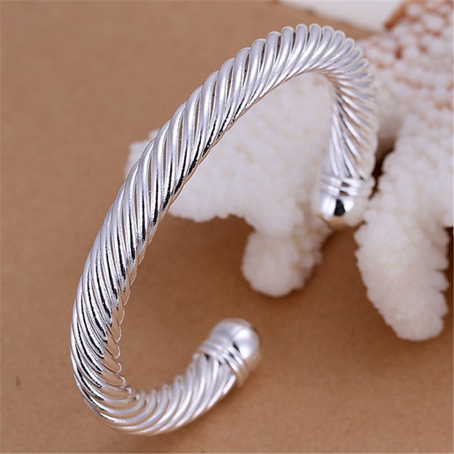 925 Stamp Silver Color Wide Hemp Rope Cuff Bangle Bracelet For Women  Engagement Charm Jewelry Christmas GaaBou