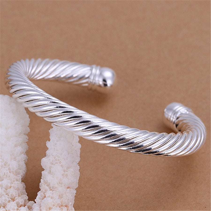 925 Stamp Silver Color Wide Hemp Rope Cuff Bangle Bracelet For Women  Engagement Charm Jewelry Christmas GaaBou