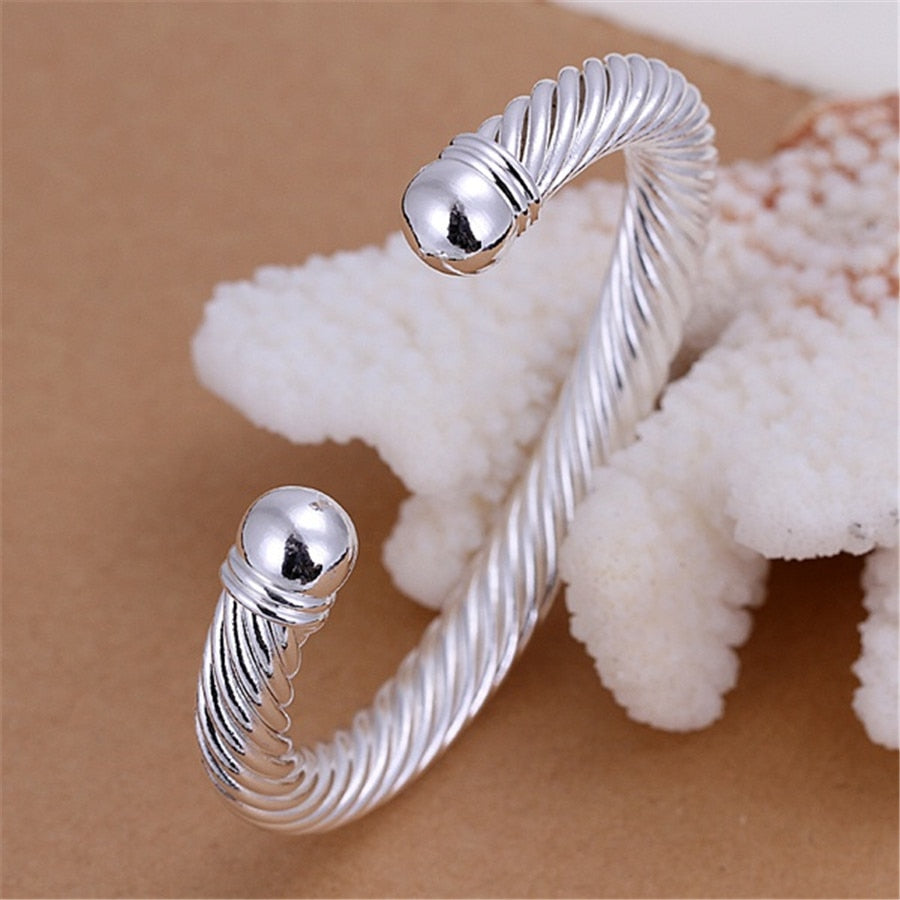 925 Stamp Silver Color Wide Hemp Rope Cuff Bangle Bracelet For Women  Engagement Charm Jewelry Christmas GaaBou