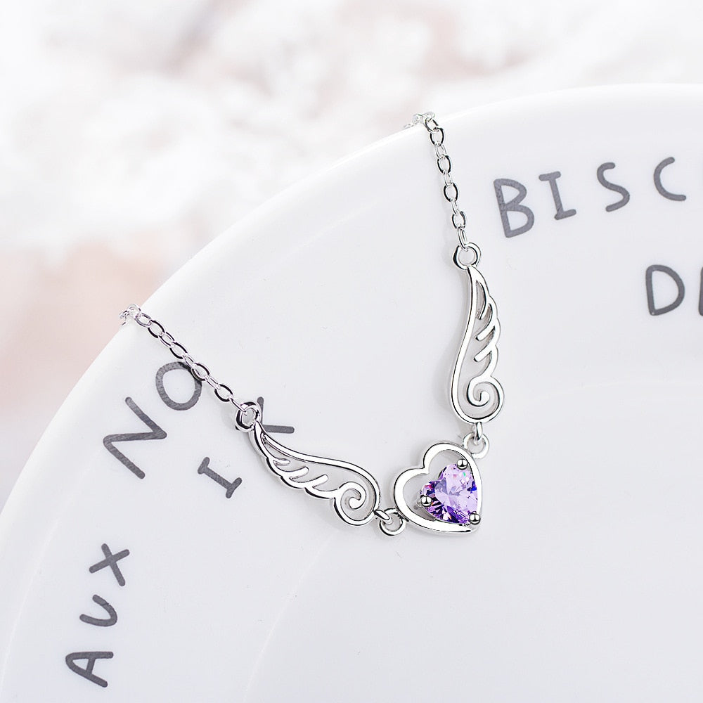 925 Stamp Silver Color Women Chain On The Neck Collarbone Necklace For Women Angel Wing Purple Zircon Pendant Chain Girl Jewelry