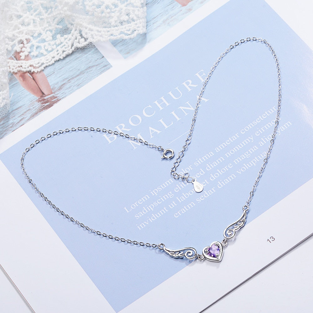 925 Stamp Silver Color Women Chain On The Neck Collarbone Necklace For Women Angel Wing Purple Zircon Pendant Chain Girl Jewelry