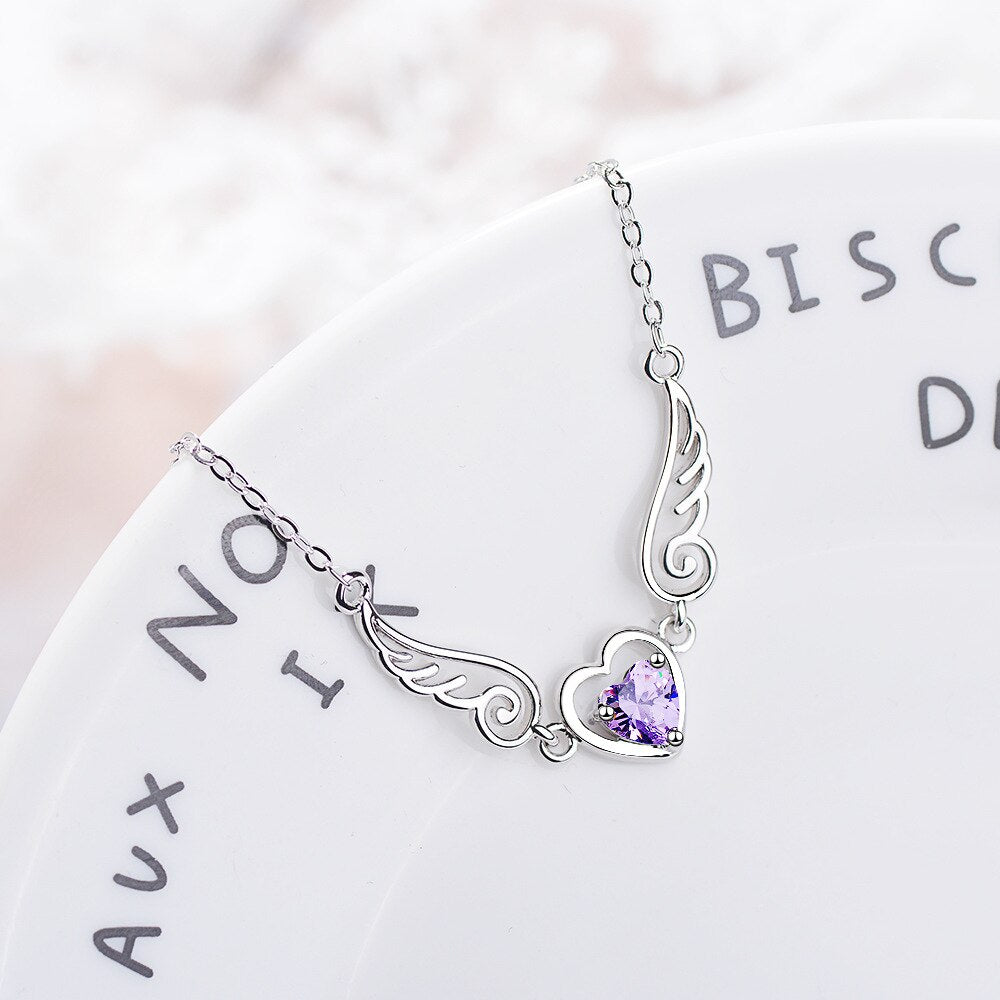 925 Stamp Silver Color Women Chain On The Neck Collarbone Necklace For Women Angel Wing Purple Zircon Pendant Chain Girl Jewelry