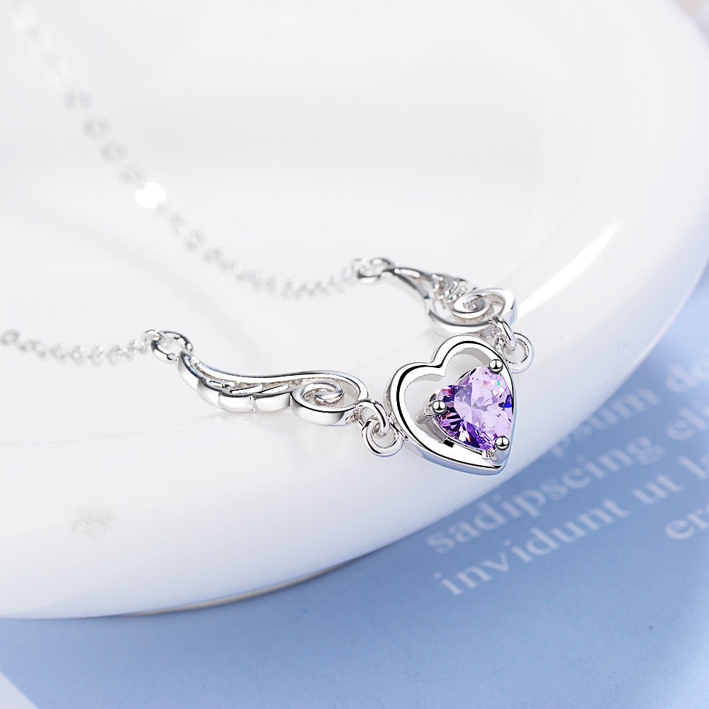925 Stamp Silver Color Women Chain On The Neck Collarbone Necklace For Women Angel Wing Purple Zircon Pendant Chain Girl Jewelry