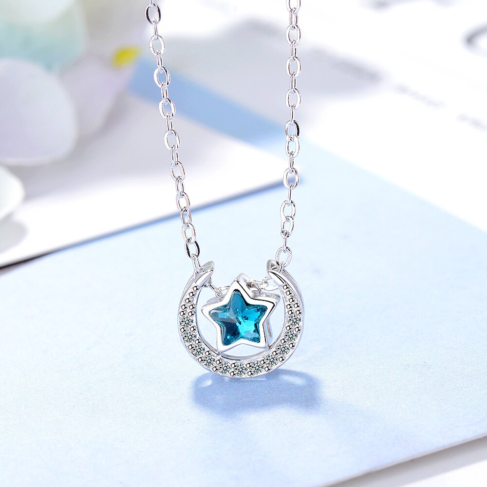 925 Stamp Silver Color Women Chain On The Neck Collarbone Necklace For Women Moon Zircon Satr Crystal Pendant Chain Girl Jewelry