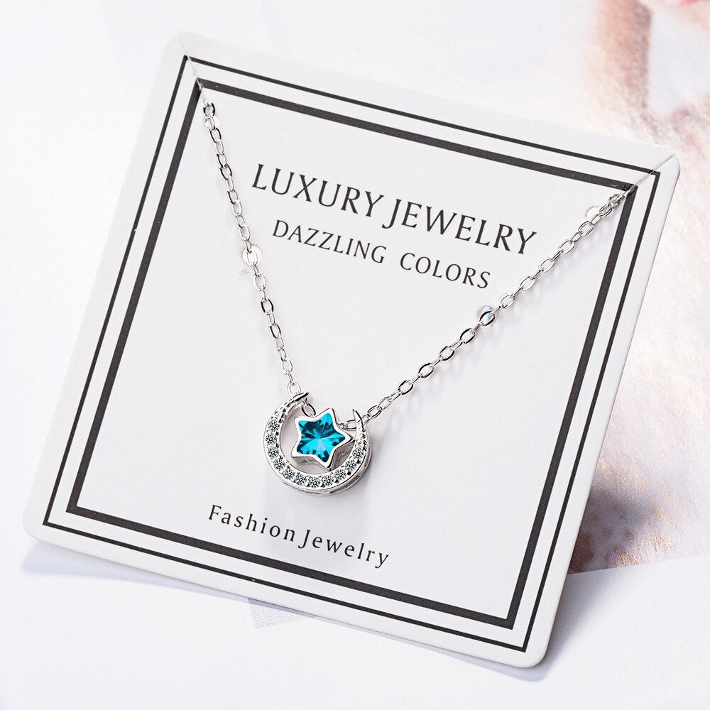 925 Stamp Silver Color Women Chain On The Neck Collarbone Necklace For Women Moon Zircon Satr Crystal Pendant Chain Girl Jewelry