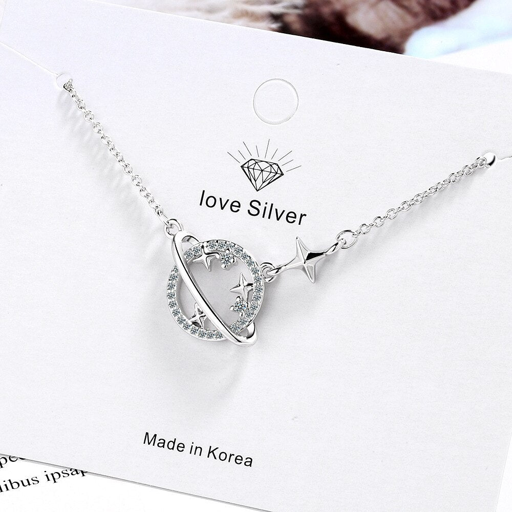 925 Stamp Silver Color Women Chain On The Neck Collarbone Necklace For Women Planet Star Zircon Pendant Chain Girl Jewelry Gift