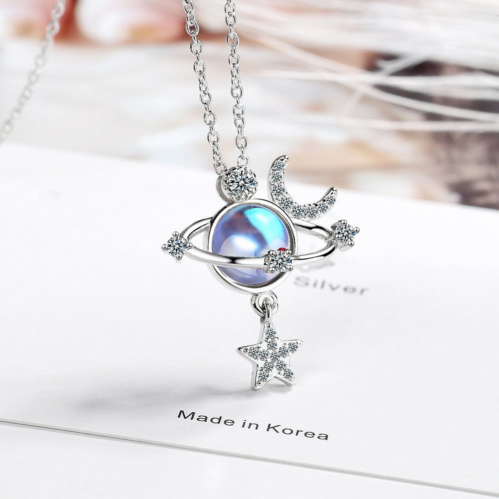 925 Stamp Silver Color Women Chain On The Neck Collarbone Necklace For Women Universe Star Moon Crystal Pendant Chain Jewelry