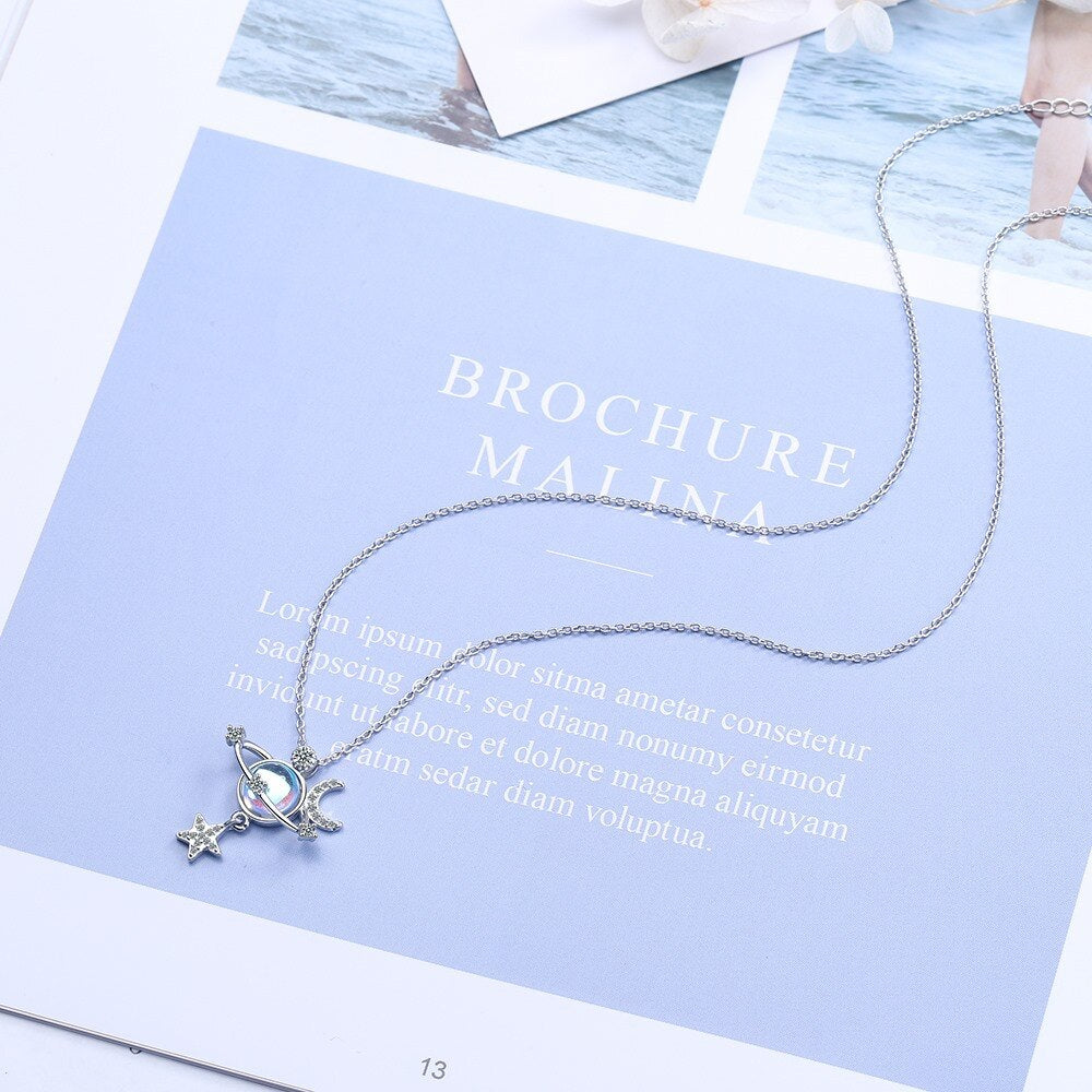 925 Stamp Silver Color Women Chain On The Neck Collarbone Necklace For Women Universe Star Moon Crystal Pendant Chain Jewelry