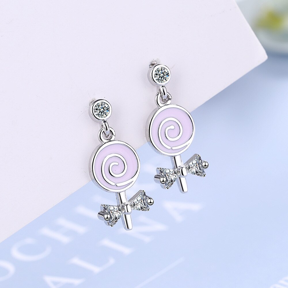 925 Stamp Silver Color Women Earrings Lollipop Bow Stud Earrings Girl Gifts Jewelry New