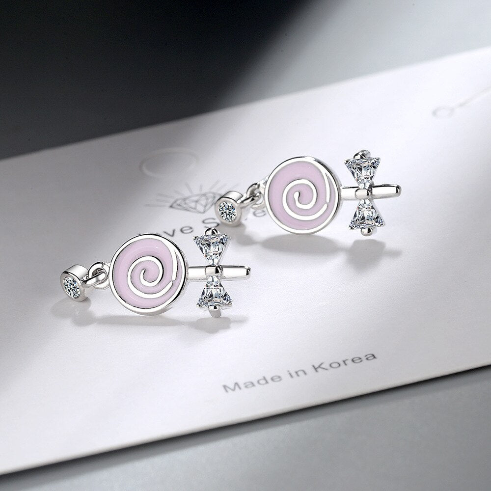 925 Stamp Silver Color Women Earrings Lollipop Bow Stud Earrings Girl Gifts Jewelry New