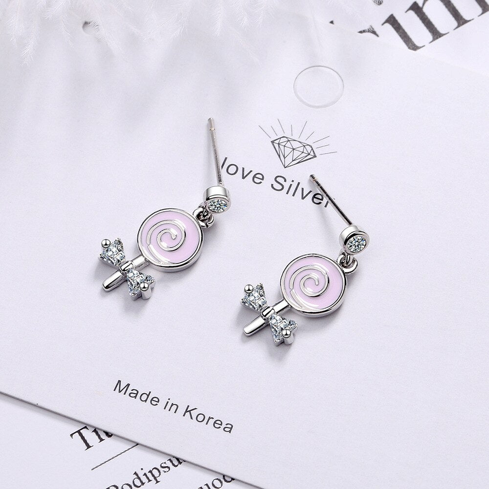 925 Stamp Silver Color Women Earrings Lollipop Bow Stud Earrings Girl Gifts Jewelry New