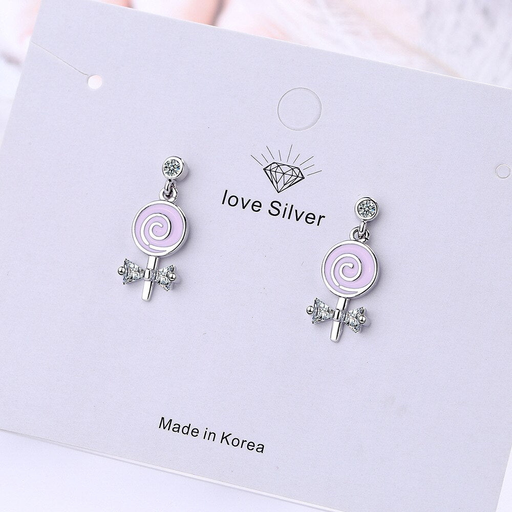 925 Stamp Silver Color Women Earrings Lollipop Bow Stud Earrings Girl Gifts Jewelry New