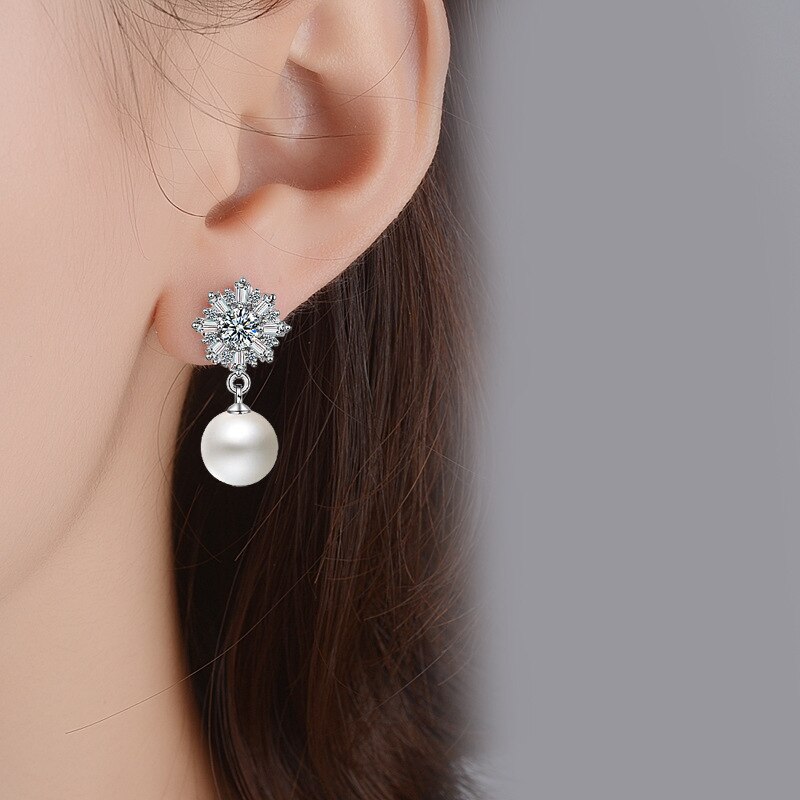 925 Stamp Silver Color Women Earrings Snowflake Pearl Retro Stud Earrings Girl Gifts Jewelry  Christmas