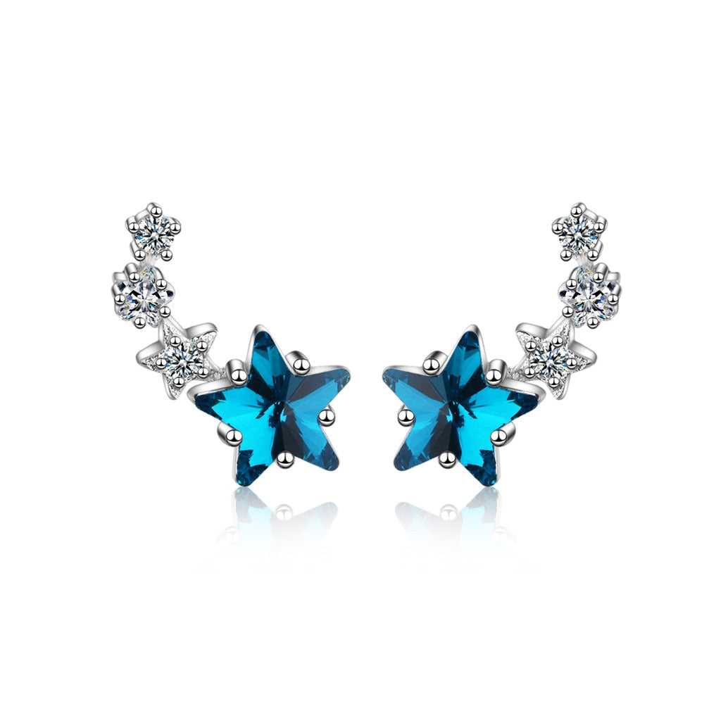 925 Stamp Silver Color Women  Blue Star Crystal Cute Mini Earrings Girl Gifts Jewelry Christmas