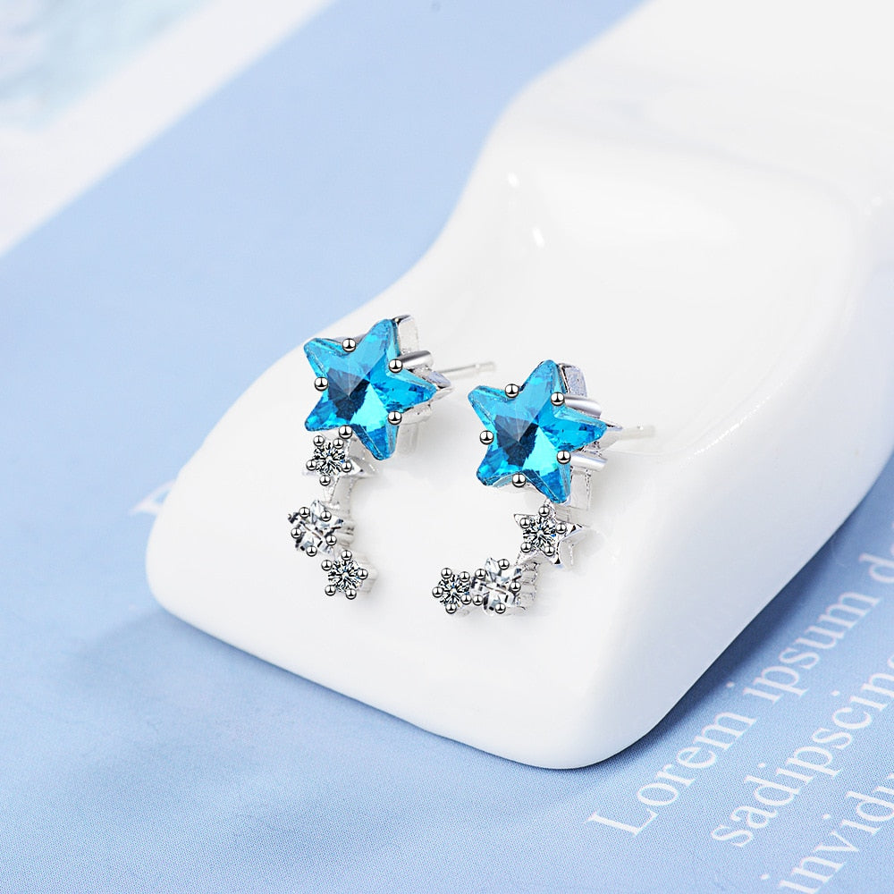925 Stamp Silver Color Women  Blue Star Crystal Cute Mini Earrings Girl Gifts Jewelry Christmas