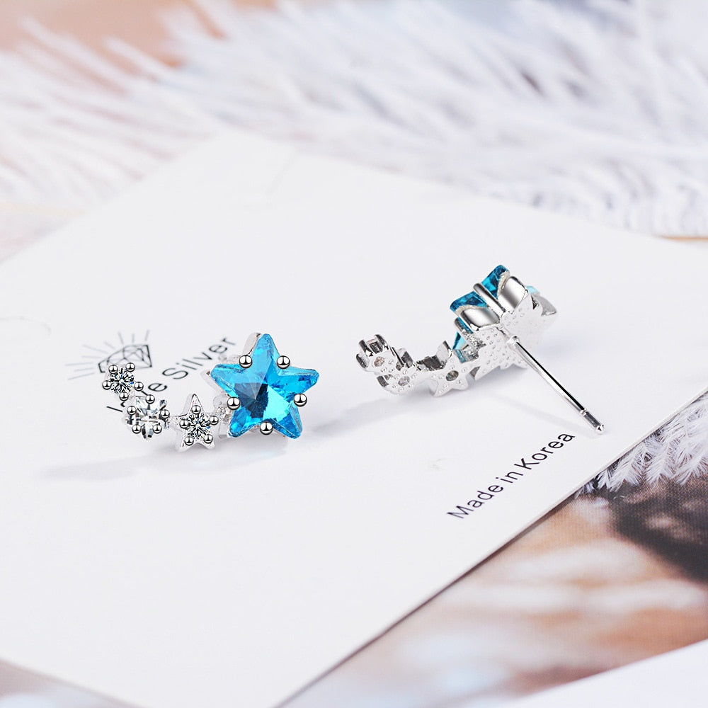 925 Stamp Silver Color Women  Blue Star Crystal Cute Mini Earrings Girl Gifts Jewelry Christmas