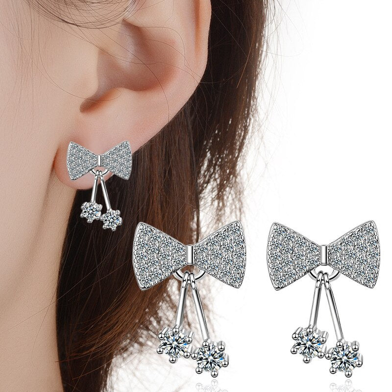925 Stamp Silver Color Women  Bowknot Earrings Pendant Zircon Girl Gifts Jewelry New