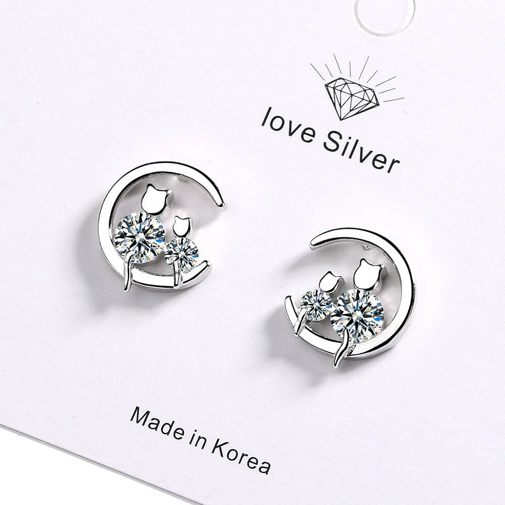 925 Stamp Silver Color Women  Cloud Earrings Cat Round Zircon Personality Moon Charm Girl Gifts Jewelry Christmas