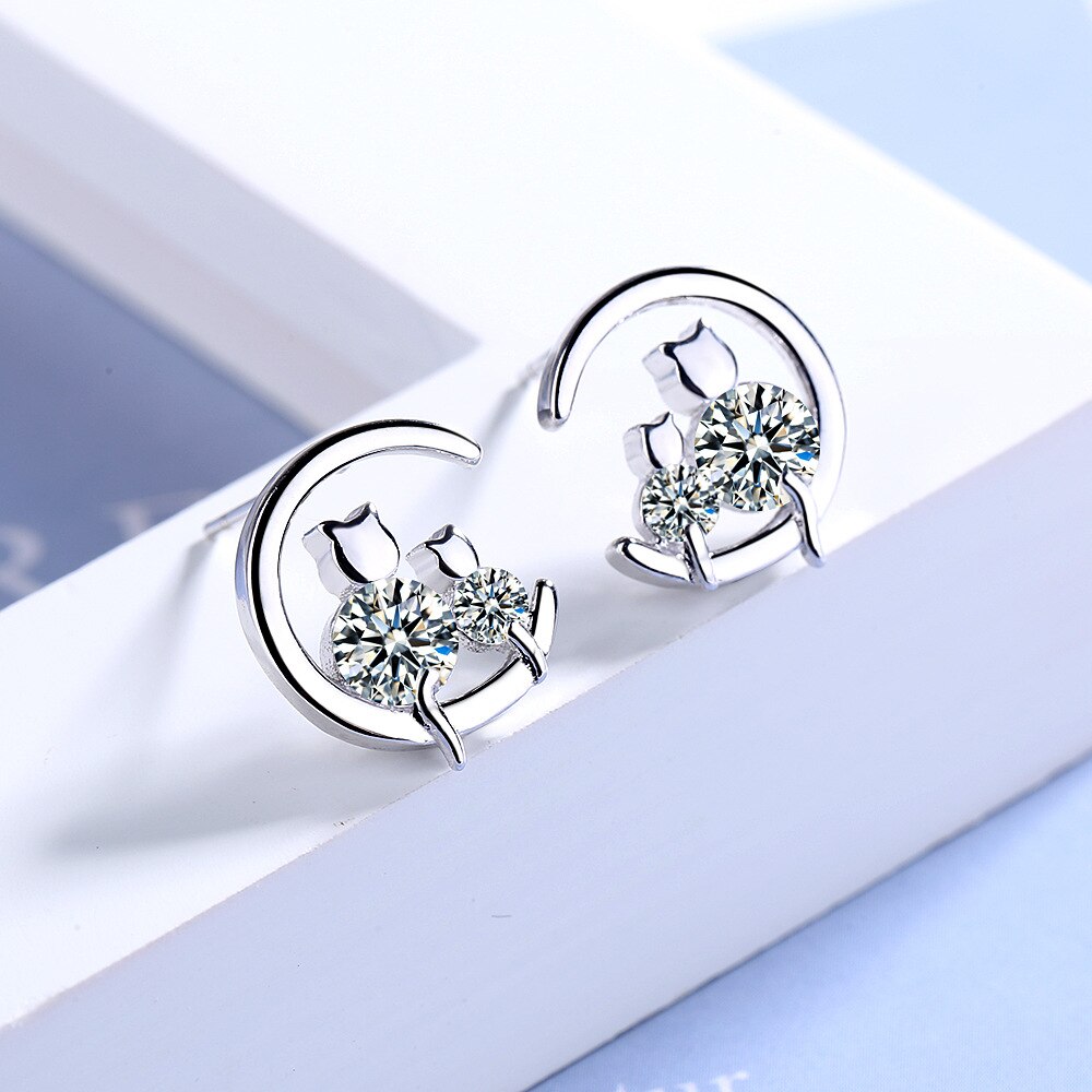 925 Stamp Silver Color Women  Cloud Earrings Cat Round Zircon Personality Moon Charm Girl Gifts Jewelry Christmas