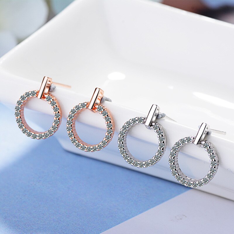 925 Stamp Silver Color Women  Earrings Round Short Zircon Charm Girl Gifts Jewelry  Christmas