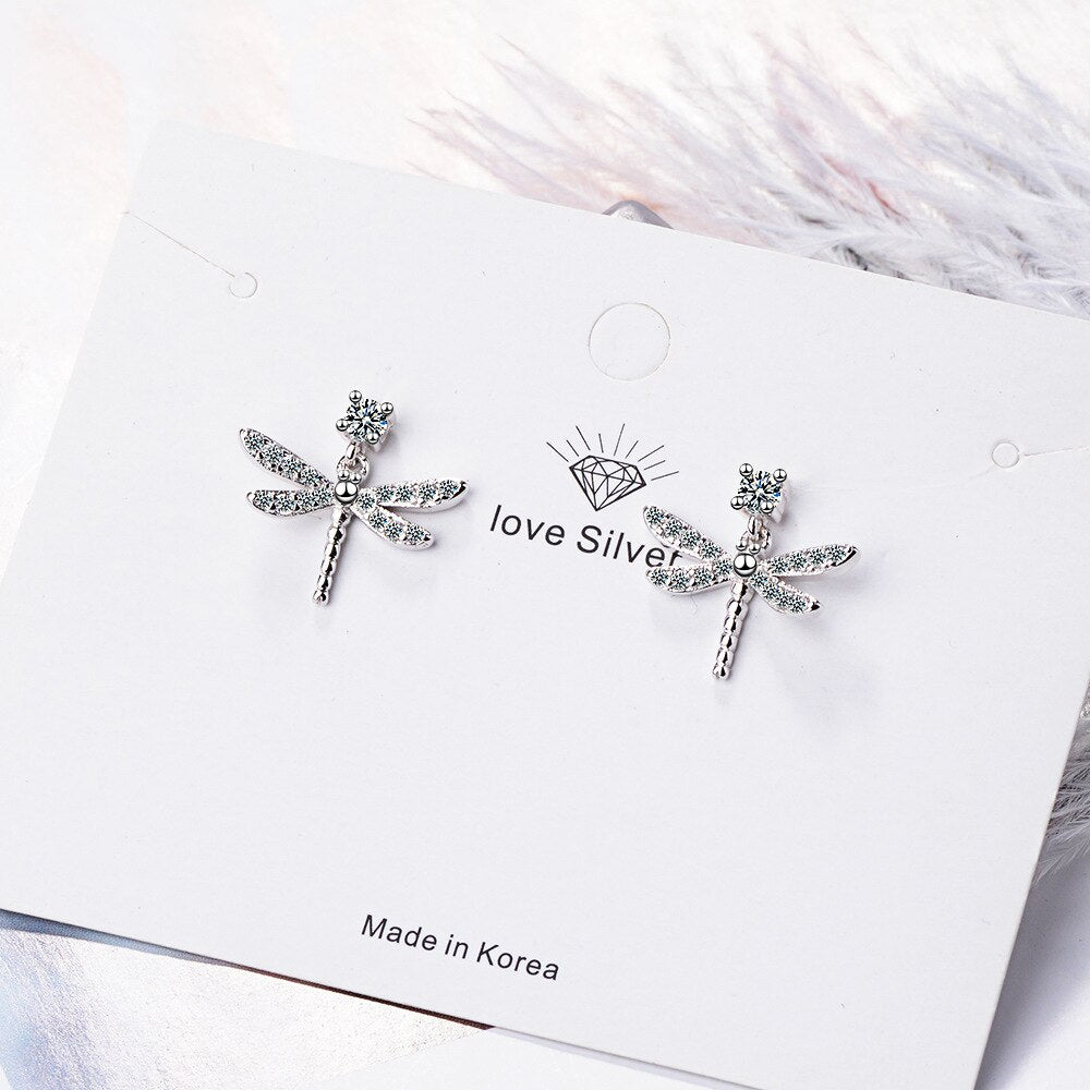 925 Stamp Silver Color Women  Animal Earrings Dragonfly Zircon Stud Earring Girl Jewelry Charm Christmas Gifts New
