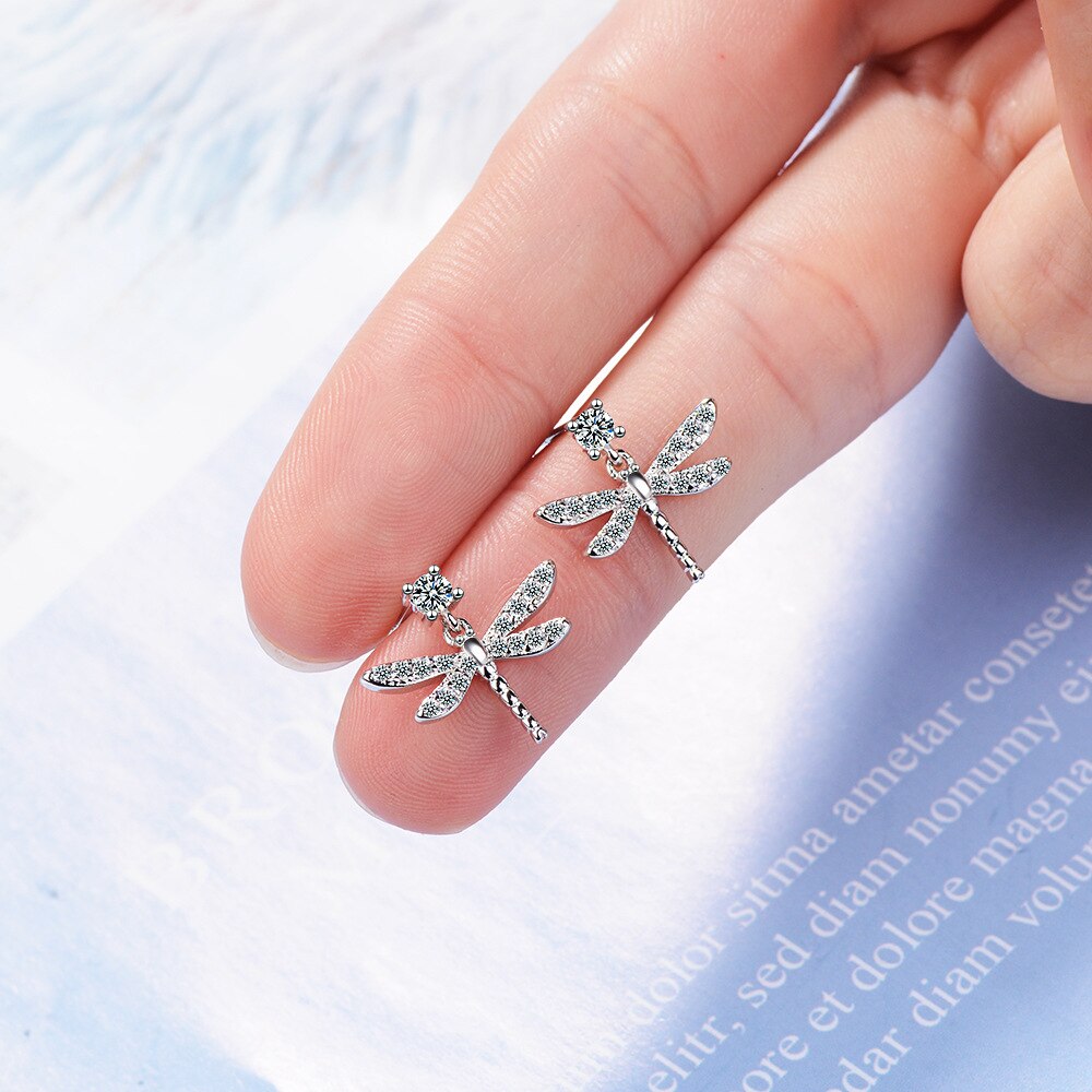 925 Stamp Silver Color Women  Animal Earrings Dragonfly Zircon Stud Earring Girl Jewelry Charm Christmas Gifts New