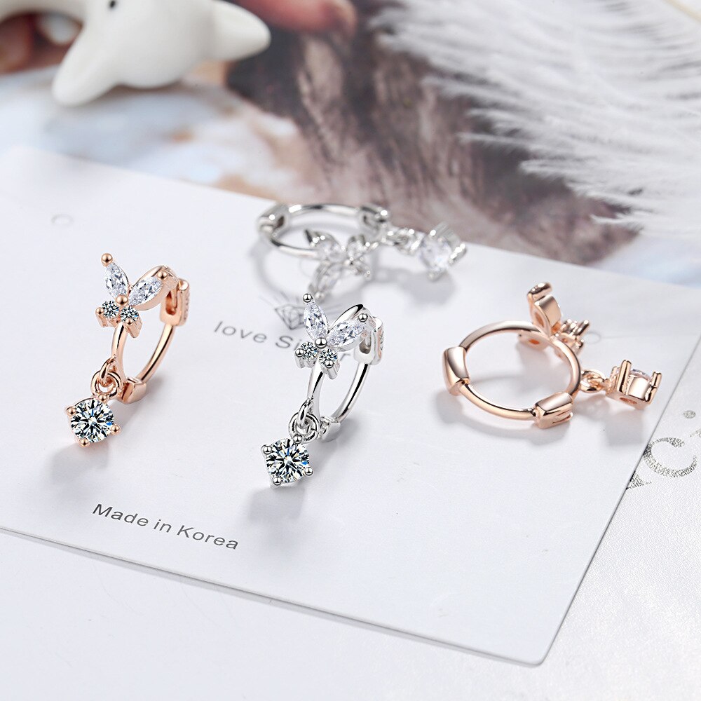 925 Stamp Silver Color Women  Classic Animal Earrings Zircon Butterfly Charm Stud Earring Girl Elegant Jewelry Vintage