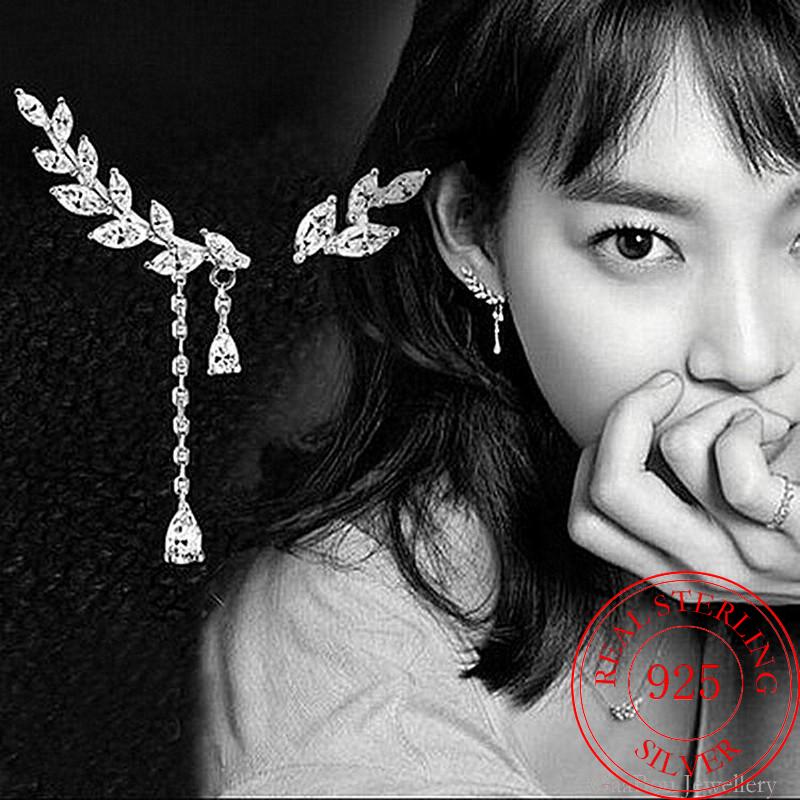 925 Stamp Silver Color Women  Classic Earrings Cross Leaf Zircon Dangle Charm Stud Earring Girl Elegant Jewelry Vintage