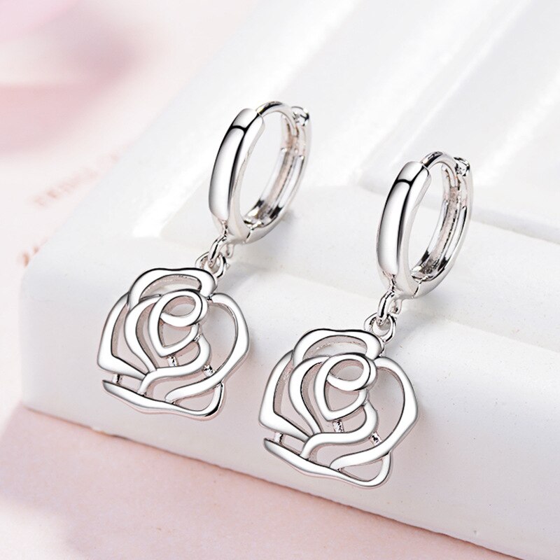 925 Stamp Silver Color Women  Classic Earrings Hollow Rose Flower Charm Stud Earring Girl Elegant Jewelry Christmas Gifts