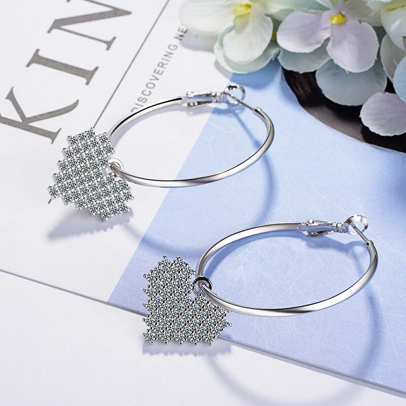925 Stamp Silver Color Women  Classic Earrings Zircon Heart Dangle Charm Stud Earring Girl Elegant Jewelry Vintage Gifts