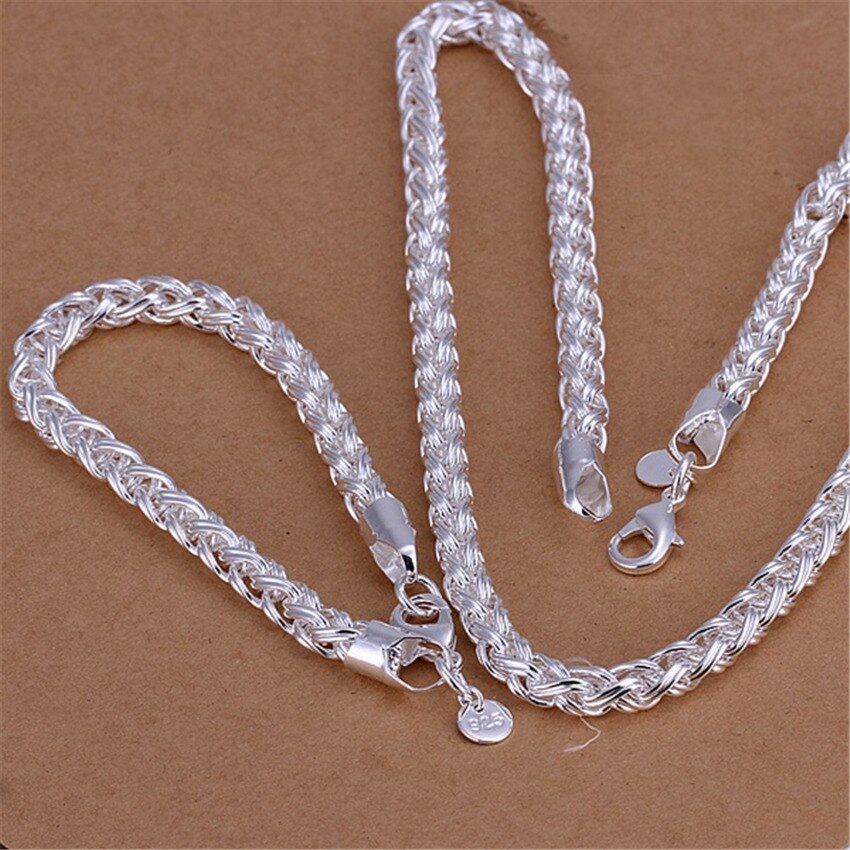 925 Stamp Silver Color Women Sets Chain Bracelet & Necklace 2pcs Engaged Wedding Accessories Jewelry Sets For Men