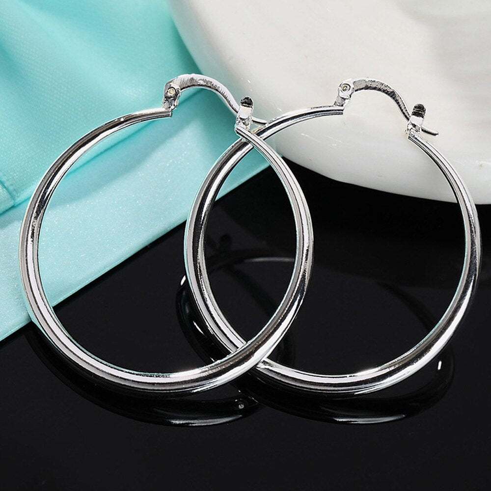 925 Stamp Silver Color Women's 40mm Smooth Round Hoop Earrings  Wedding Party Jewelry 2022 Christmas GaaBou