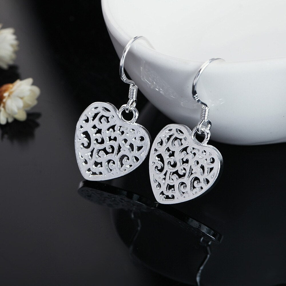 925 Stamp Silver Color Women's Hollow Heart Dangle Earrings Jewelry 2022 Trend Jewelry For Women Christmas GaaBou