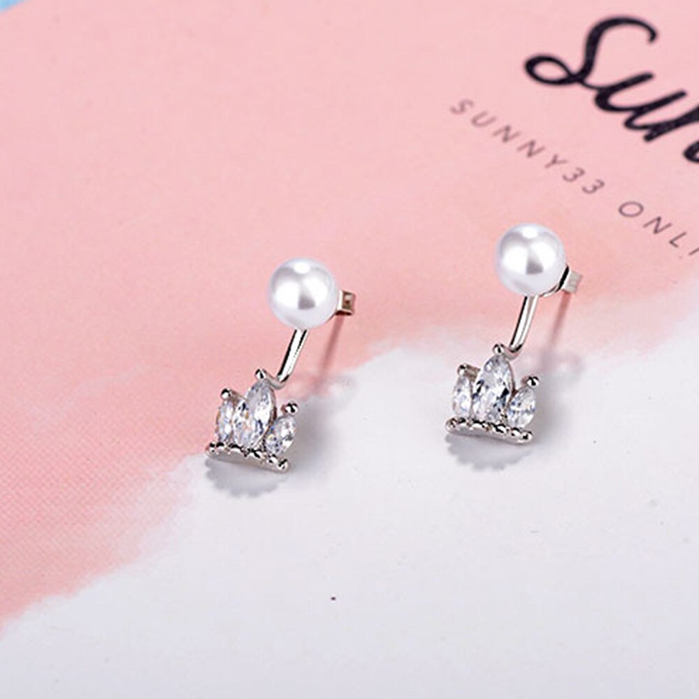 925 Stamp Silver Color Women's Pearl Crown Korean Stud Earrings Wedding Party  Quality Charm Jewelry 2022 GaaBou Jewellery