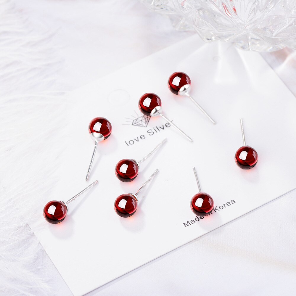 925 Stamp Silver Color Women's Red Crystal Korean Small Stud Earrings Wedding Party  Quality Charm Jewelry 2022 Trend New
