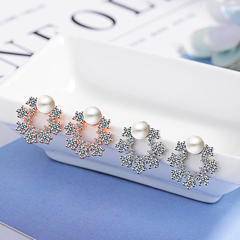 925 Stamp Silver Color Women's Snowflake Zircon Stud Earrings  Pearl Earrings Wedding Trendy Jewelry Girls Gift