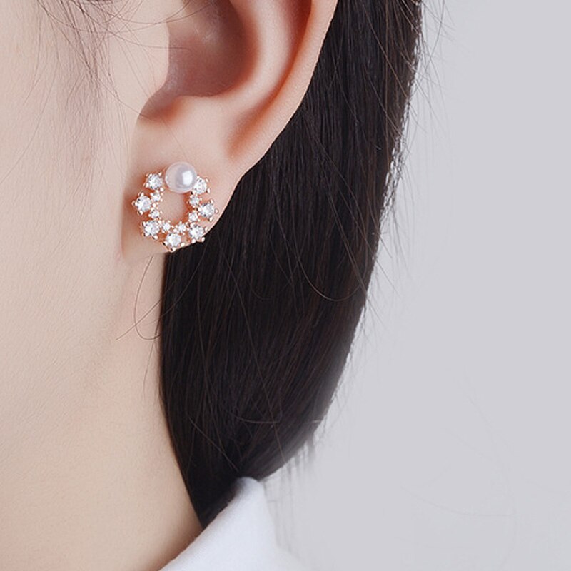 925 Stamp Silver Color Women's Snowflake Zircon Stud Earrings  Pearl Earrings Wedding Trendy Jewelry Girls Gift