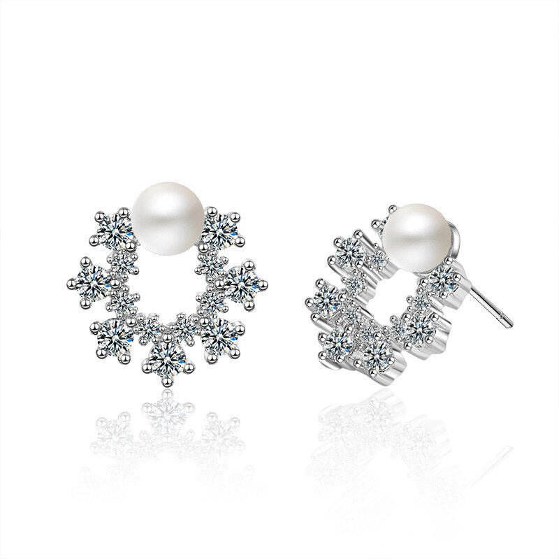 925 Stamp Silver Color Women's Snowflake Zircon Stud Earrings  Pearl Earrings Wedding Trendy Jewelry Girls Gift