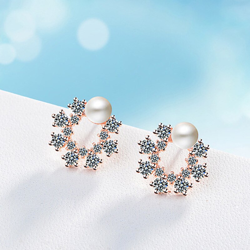 925 Stamp Silver Color Women's Snowflake Zircon Stud Earrings  Pearl Earrings Wedding Trendy Jewelry Girls Gift