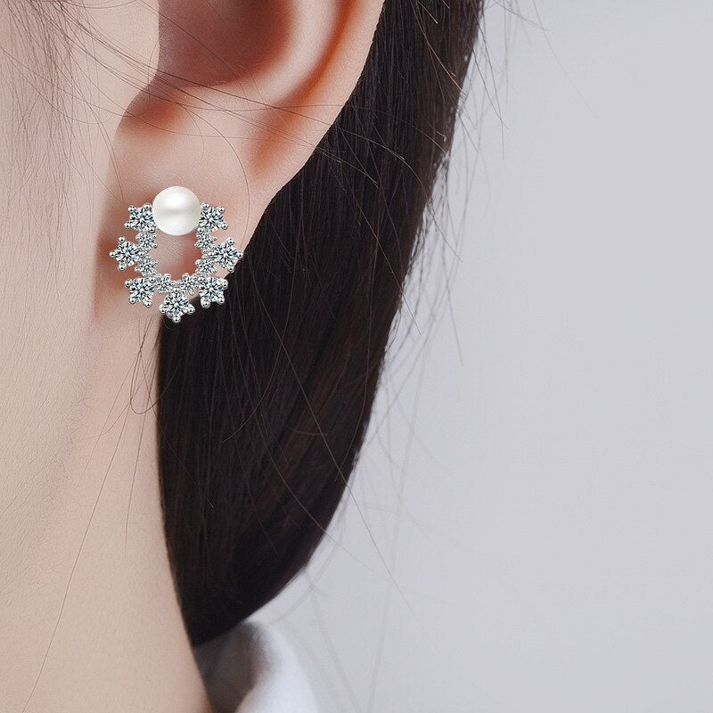 925 Stamp Silver Color Women's Snowflake Zircon Stud Earrings  Pearl Earrings Wedding Trendy Jewelry Girls Gift