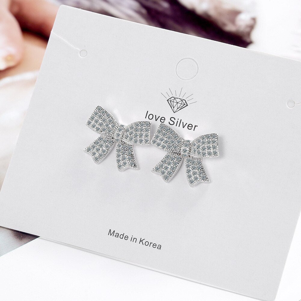 925 Stamp Silver Color Zircon Bowknot Stud Earrings For Women Wedding  Charm Jewelry 2022 Girl Gift