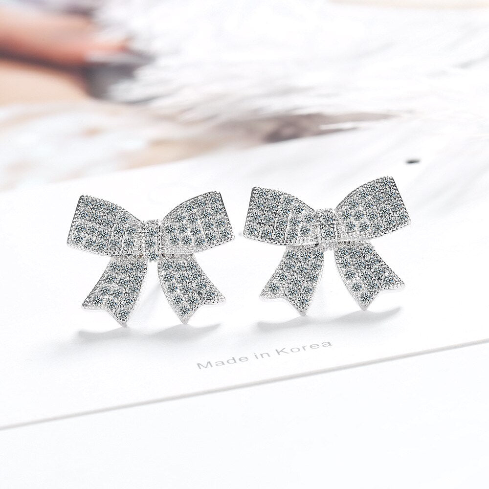 925 Stamp Silver Color Zircon Bowknot Stud Earrings For Women Wedding  Charm Jewelry 2022 Girl Gift